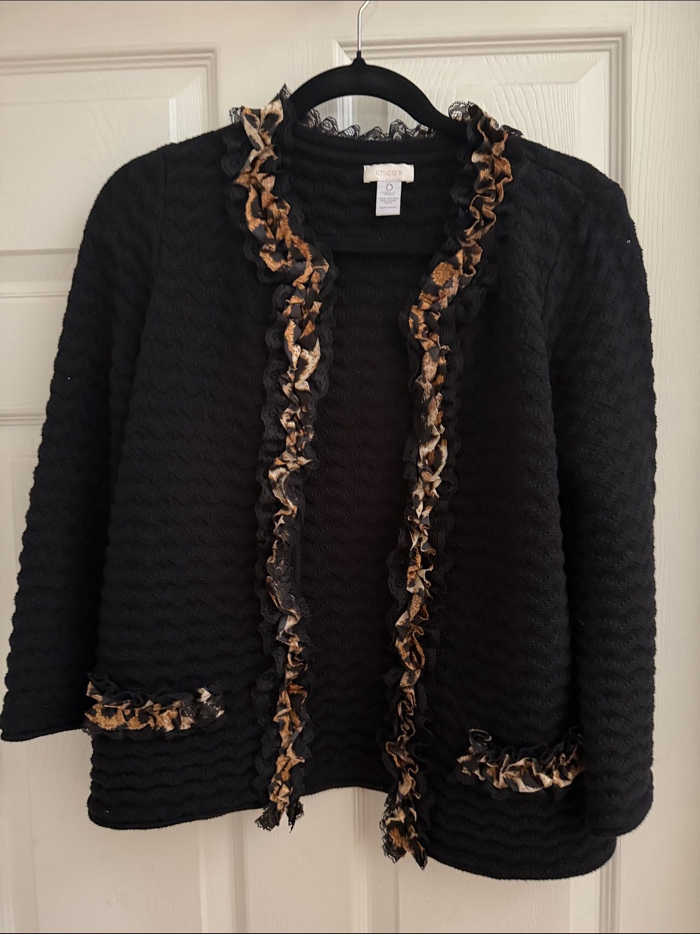 Chico's Black Sweater Jacket with Gold-Tone Ruffle Trim